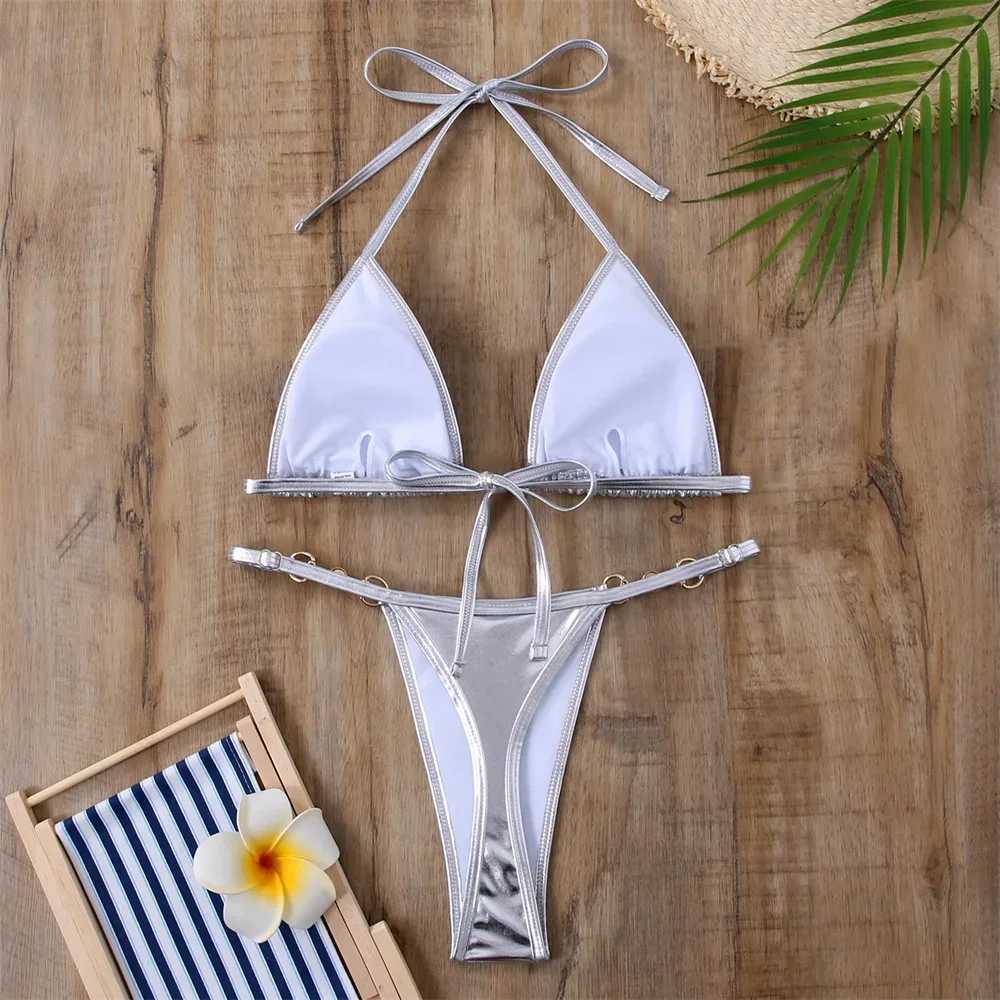 Silver Mini Bikini Beaded Chain Triangle Swimsuit Strap Beaded Backless Swimsuit Y2K Womens Bikini Beach SetW241225