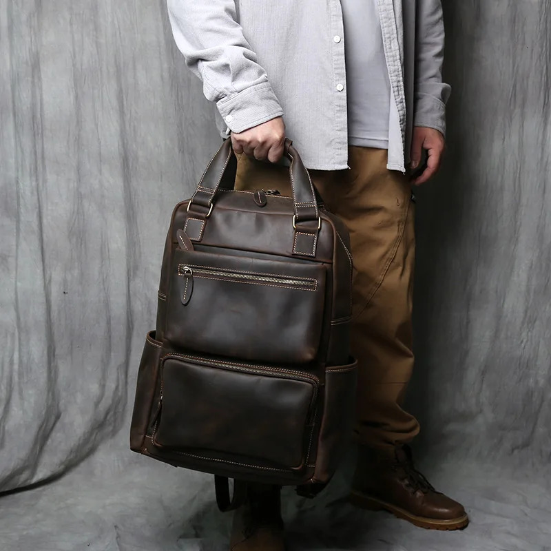 Retro Leather Mens Backpack Top Layer Leather Large Capacity Computer Backpack Crazy Horse Leather Leisure Travel Men Bag NZPJ 241225