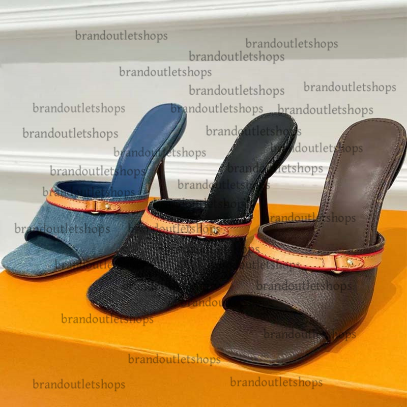 High Heels Designer Sandals Womens Slippers Luxury Mid Heel Neo Revival Mules Ladies denim blue White Black Brown Ebony Classics Slides Leather Women Sandal