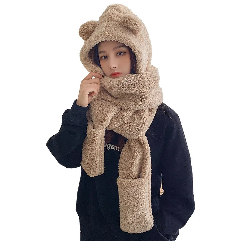 Lamb Velvet Hat Woman Winter Warm And Cold Hooded Scarf Gloves 3-in-1 Sets Female Cute Bear Ear Protection Cotton Cap With Ears 241225