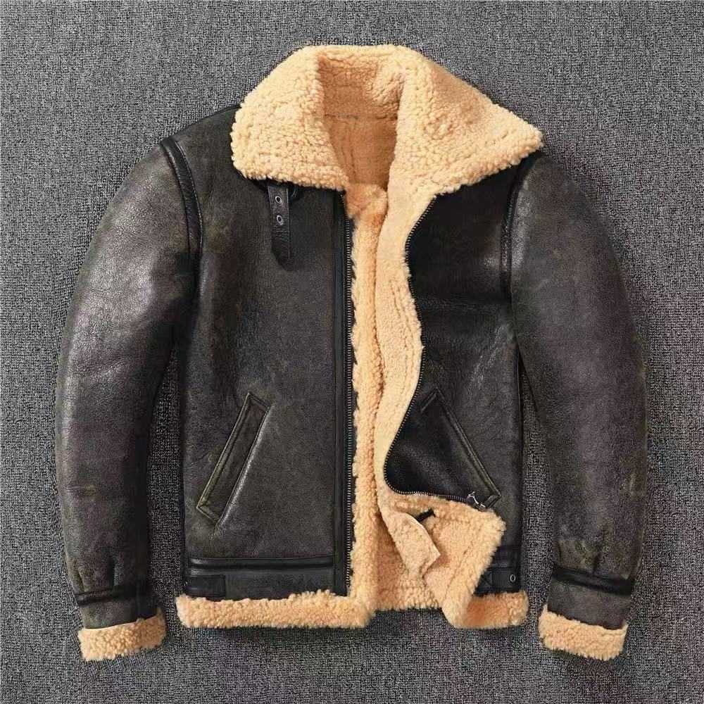 Mens Genuine Leather Pilot Jacket, B3 Bomber, Sheepskin Wool, Winter Warmth, Rock Style