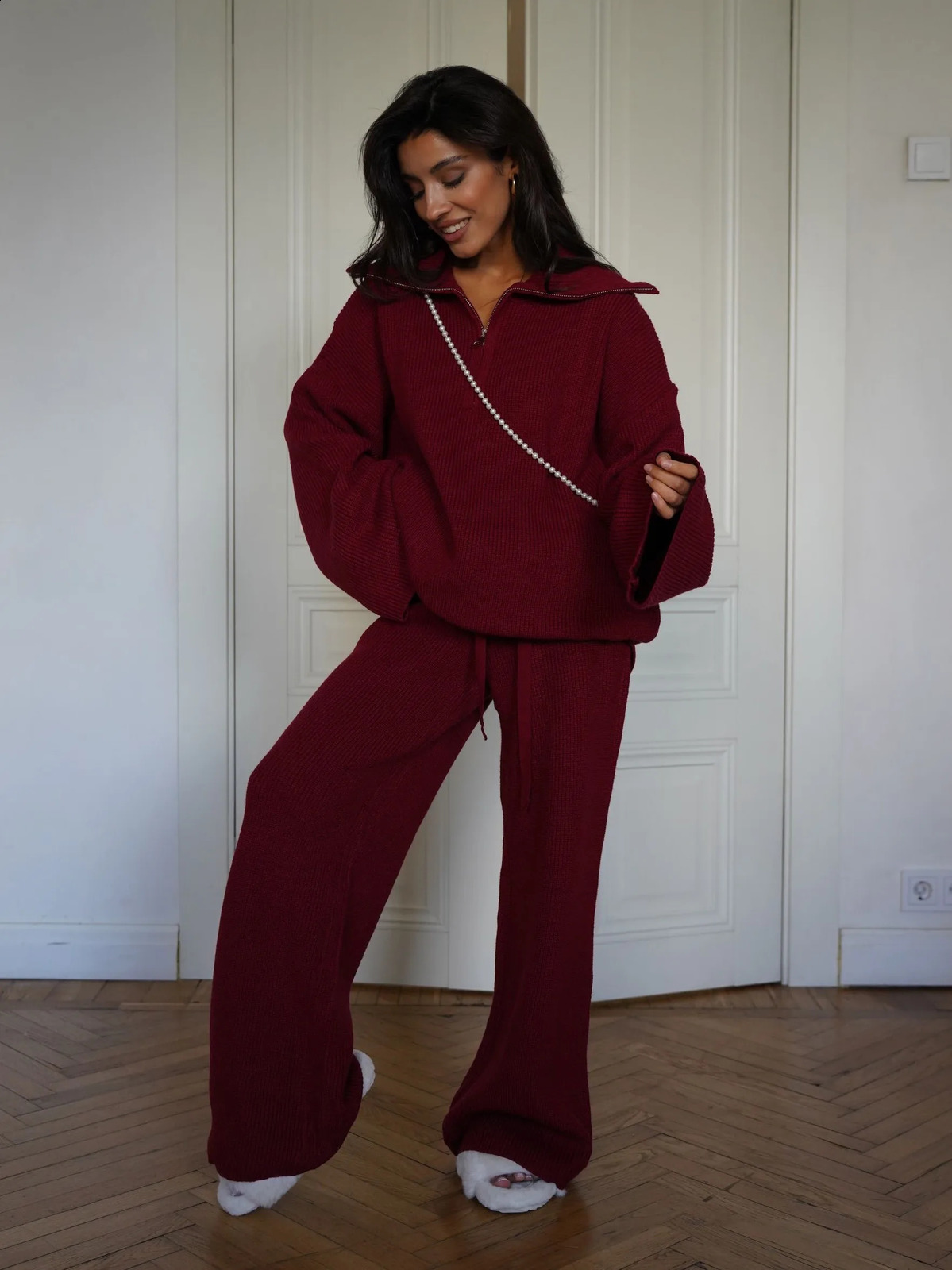 Woolen Suit Solid Color Half Zip Top Two Piece Set Of Elastic Waisted Pants Fashionable Autumn And Winter Womens Clothing 241224