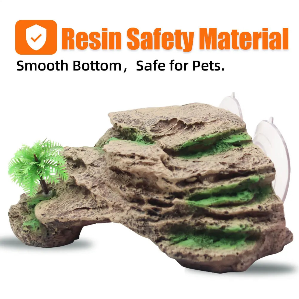 Turtle Basking Platform Terrace with Suction Cups Reptile Resin Aquarium Decor Fish Tank Decoration Rock with Plastic Plant 241225