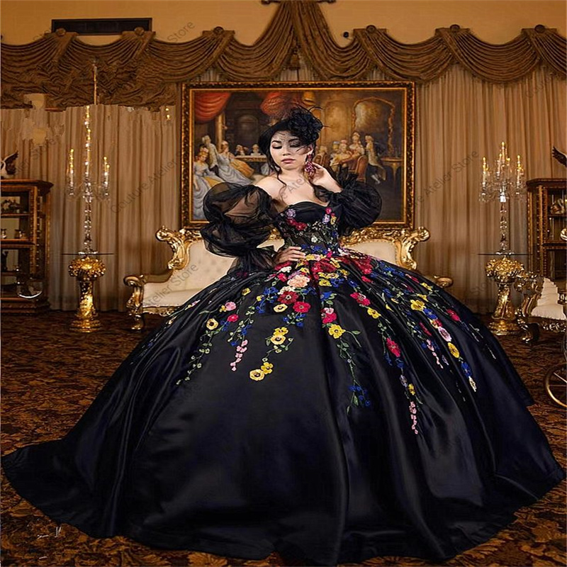 Charro Mexican Black Quinceanera Dress Debutante Vestido De 15 Xv Anos Colorful Flowers Sixteen Birthday Party Gowns Vestios Xv Debutante Princess 202