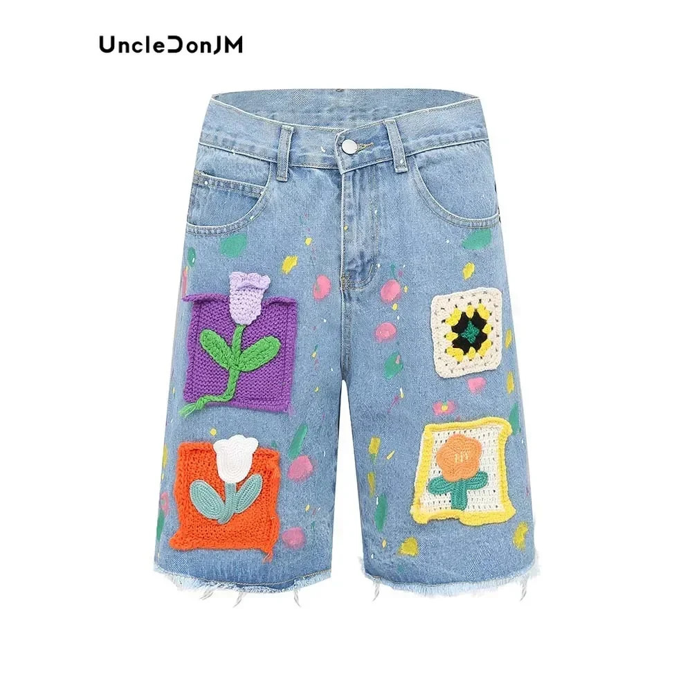 Graffiti Denim Shorts Pathches Flower Jorts Men Vibe Style Baggy Jorts Streetwear Y2k Jeans for Men 241225