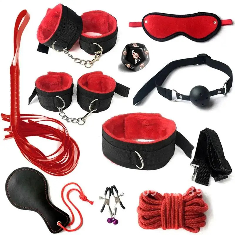 BDSM Bondage Set Sexy Plush Handcuffs Leather Whip Mouth Ball Gag Nipple Clamps Kits Sex Toys For Couples Two Exotic Accessories 241226