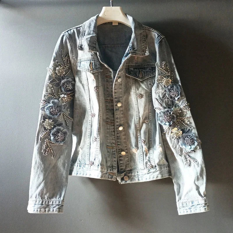 Slim Fit Cow Coat Woman Small With Rhinestones Short Crop Sequin Diamonds Denim Jacket for Women In Demi-season 241223