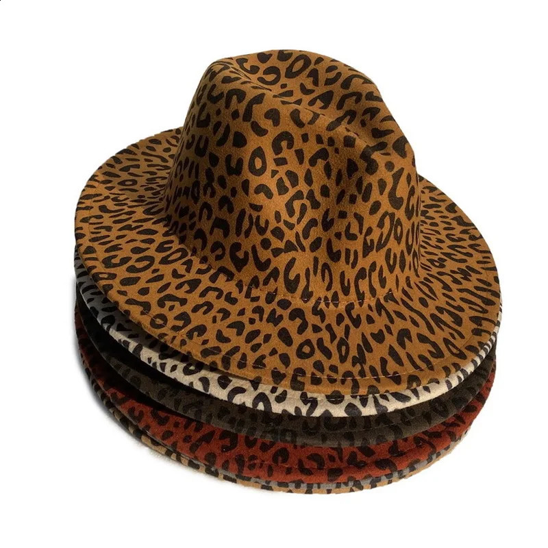 Unisex flat brim wool felt jazz fedora hat men and women leopard print leather band decoration tribe Panama formal hat cowboy 241226