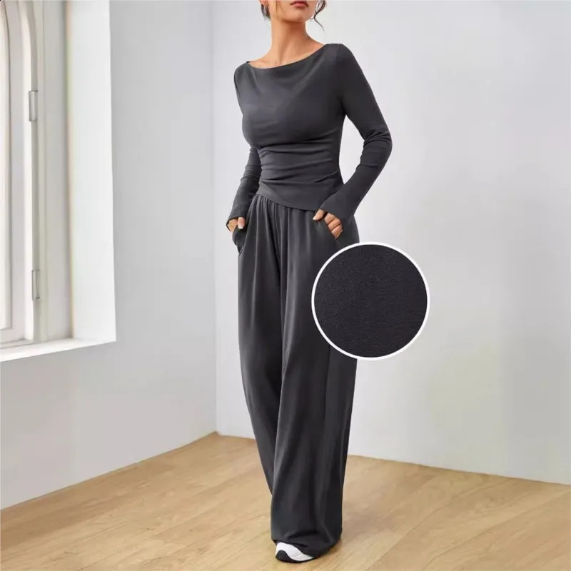 Womens Suit Solid Color Long Sleeve Casual Wide Leg Pants Fashion Two Piece Suit Home Clothing 241224