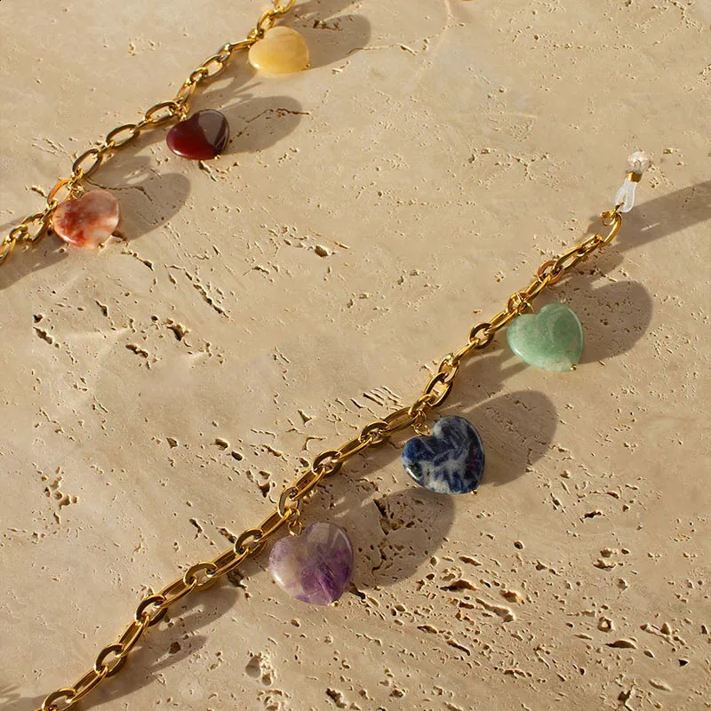 High Quality Stainless Steel Sunglasses Strap est Natural Heart Stone Embellished Glasses Holder Face Cover Chain 241226