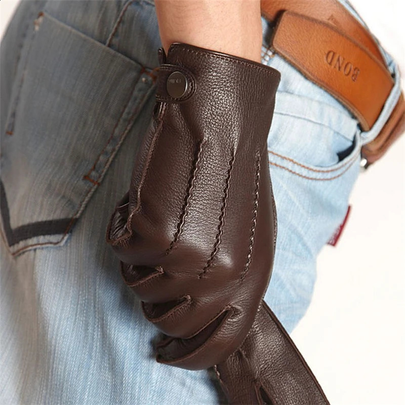 High Quality Rushed Men Genuine Leather Gloves Deerskin Glove Wrist Driving Winter Cashmere Lining EM012WR-5 241226