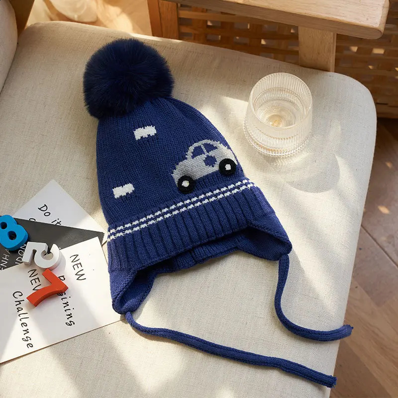 Winter Baby Boy Hat with Earflap Fur Ball Knitted Kids Beanie Caps Toddler Bonnet Hats Infant Accessories Fleece Lining 14Y 241225