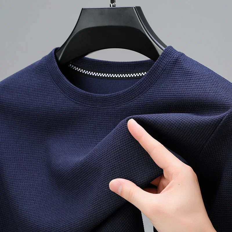 Mens Business Casual Long Sleeved Solid Color Round Neck Tshirt for Autumn Winter Comfortable Fashionable Versatile Top 241223