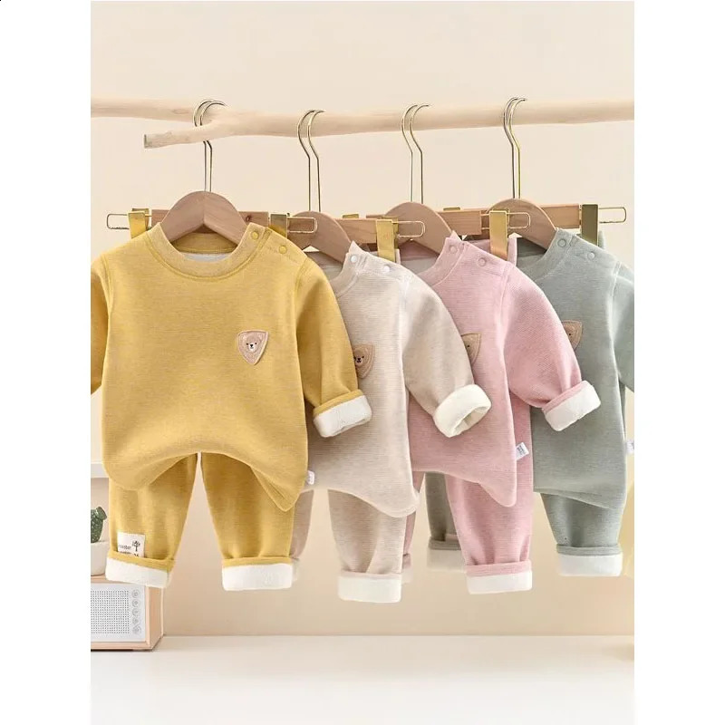 Childrens Padded Thickened Underwear Set Girls Round Neck Blouse Pants Suit Autumn Winter Boys Fashion Casual 2Piece 4M4Y 241225