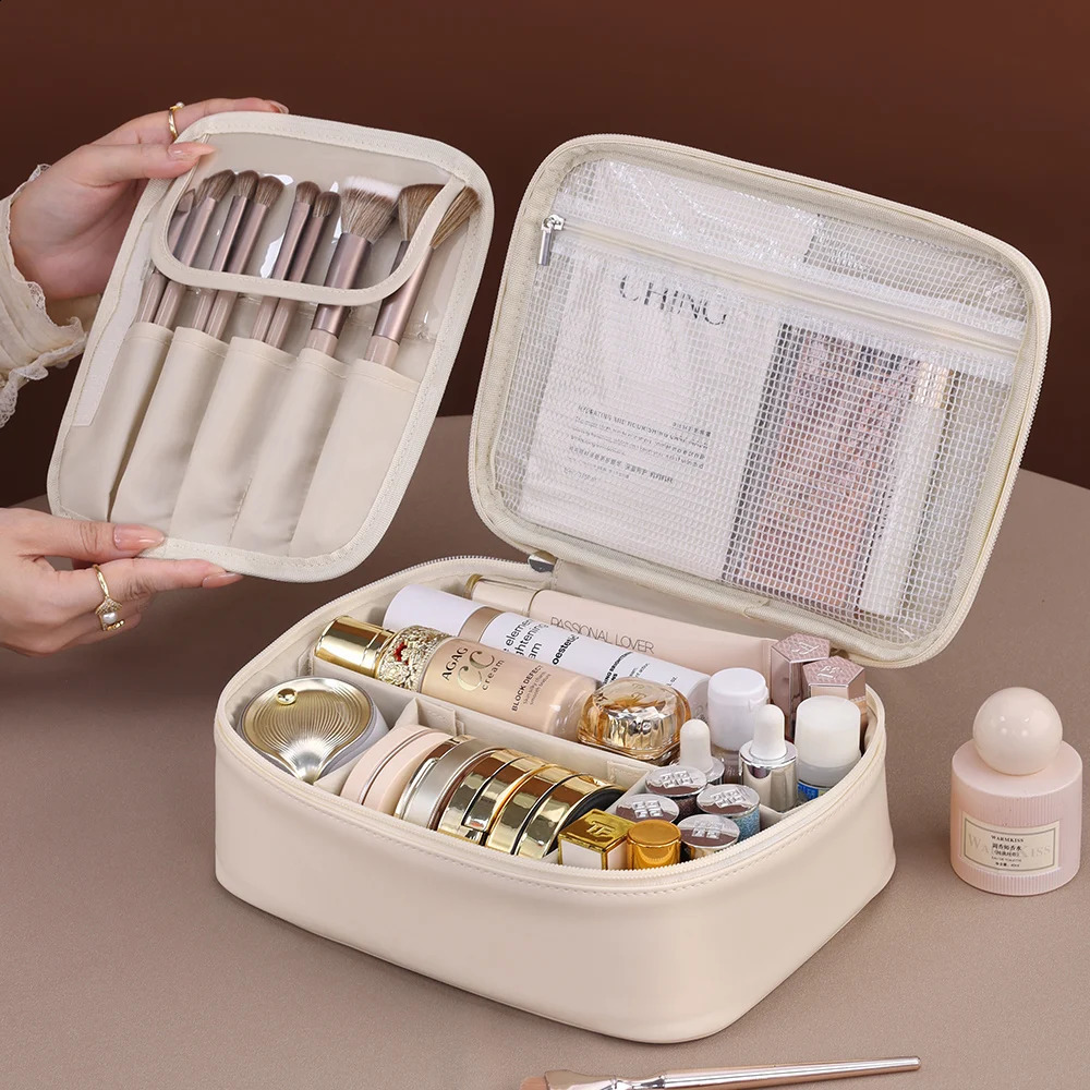 PU Leather Double Layer Makeup Bag Large Capacity Cosmetic Bag Cosmetics Organizer Womens Travel Essentials 241226