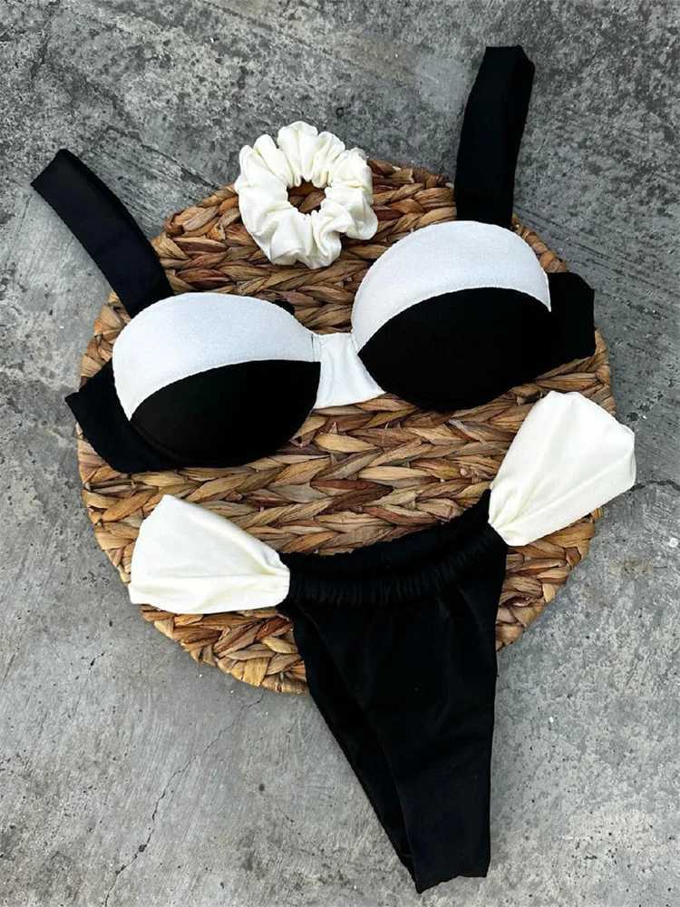 Push Up Black and White Splicing Bikini 2024 Sexy Comparison Underwear Ruffle T-shaped Swimsuit Brazilian Swimsuit Mini SwimsuitW241225