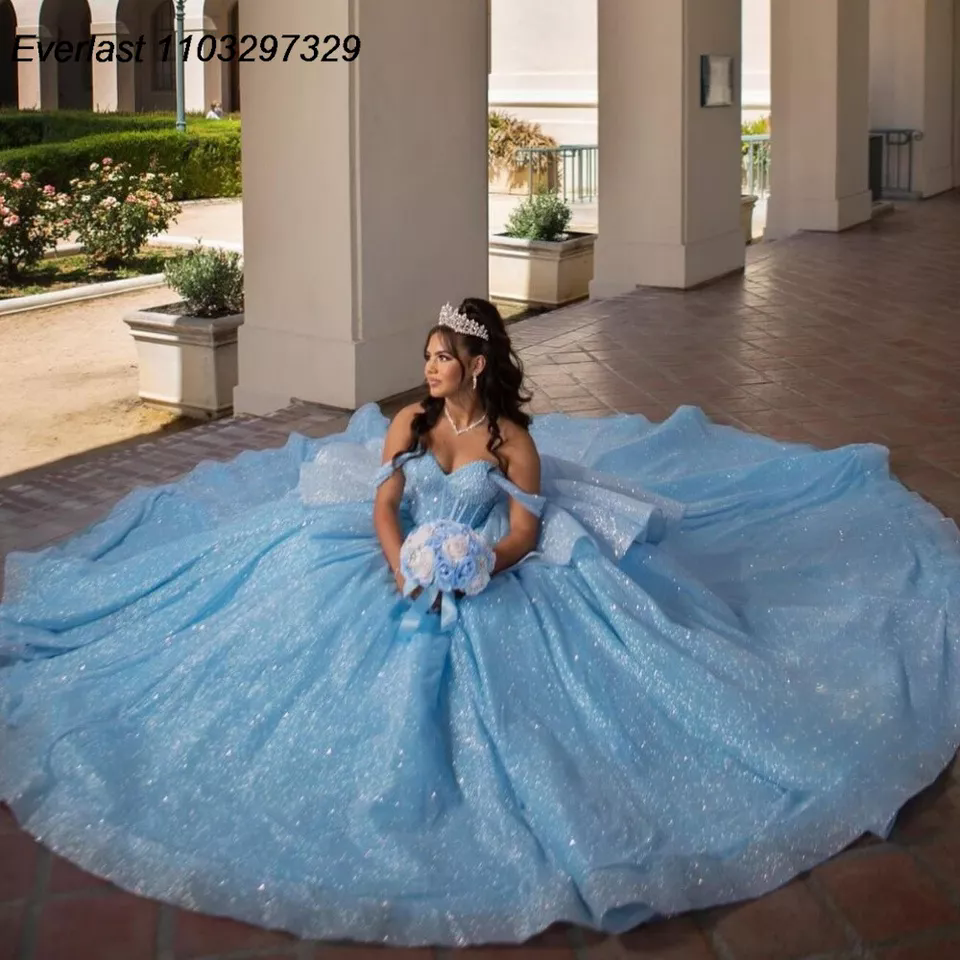 Skyl Blue Quinceanera Dress Off Shoulder Sweetheart Beading Crystals Pearls Ball Gown Elegant Tulle Dresses Sweet 15 16 Birthday Party Gowns