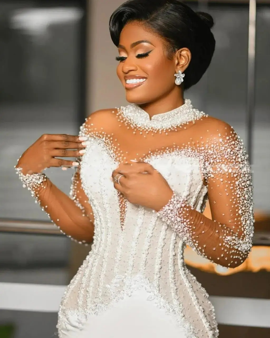 Mermaid African Wedding Dresses For Bride Long Sleeves High Neck Heavy Pearls Bead Crystal Bridal Gown Arabic Dubai Vestidos De Noiva