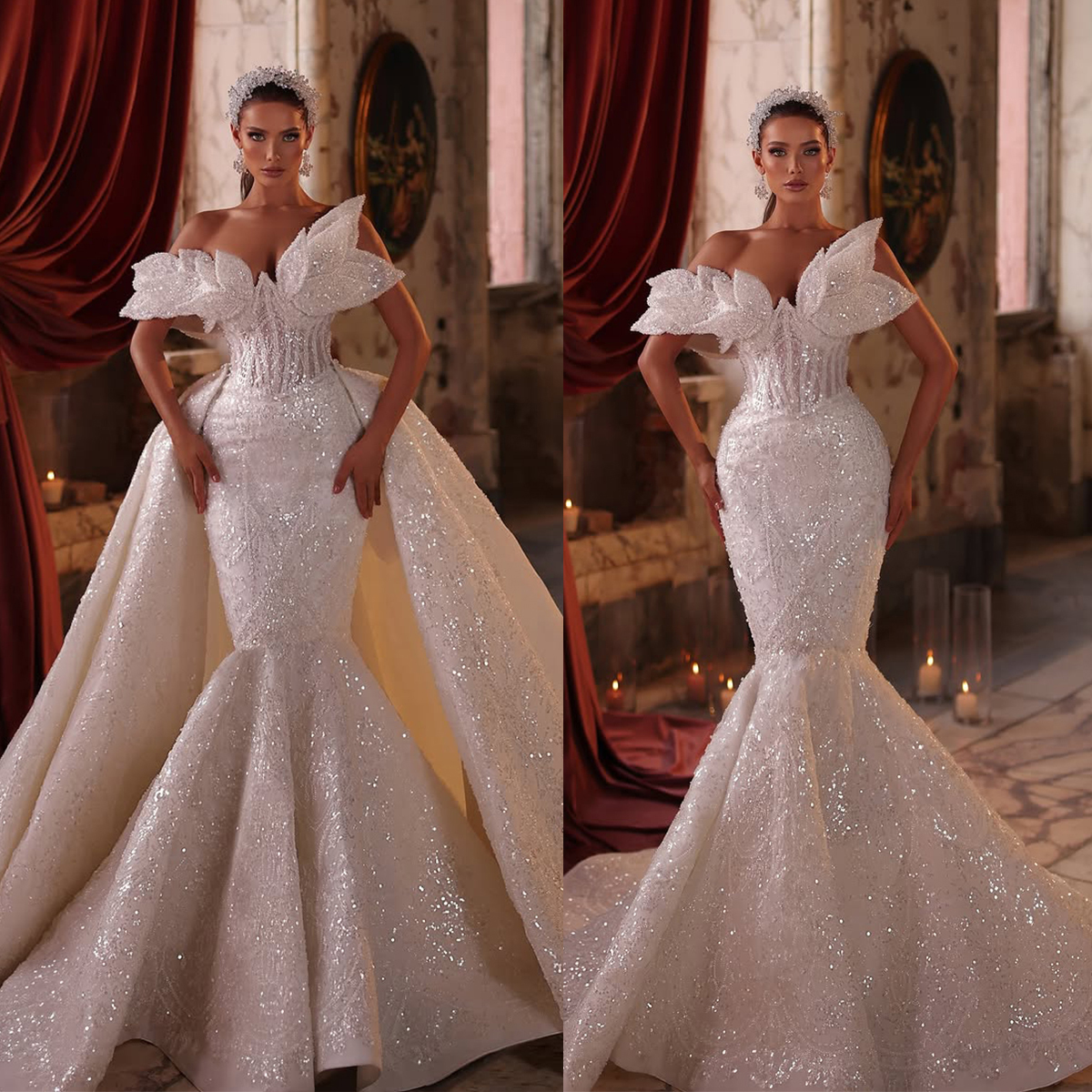 Gorgeous Mermaid Wedding Dresses Off-Shoulder Backless Sleeveless Lace Up Appliques Embroidery Bridal Gowns Detachable Train Custom Made Vestidos De N