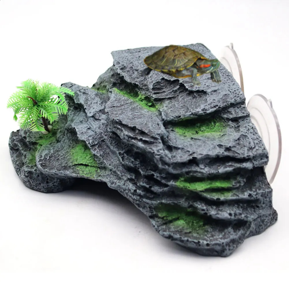 Turtle Basking Platform Terrace with Suction Cups Reptile Resin Aquarium Decor Fish Tank Decoration Rock with Plastic Plant 241225