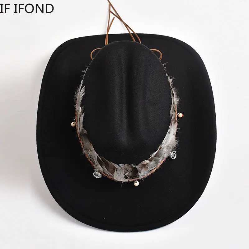 New retro feather decoration Western mens denim hat fashionable wide brown church jazz hat Sombrero Hombre Cs W241225
