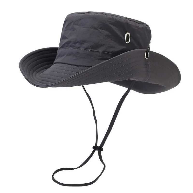 Windproof mens outdoor hat width Brim flat top mens camping hat letter printing UV resistant Str hollow mens fisherman hat earmuffs W241225