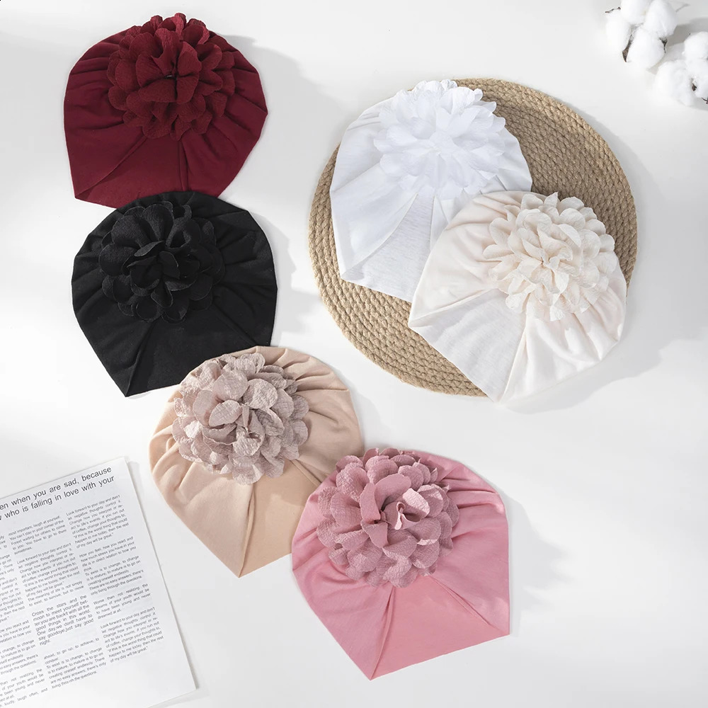 5 Styles Big Flower Cotton Baby Turban Hats for Boys Girls Beanies Thin Elastic Caps Bonnet born Toddler 03T Headwraps 241225