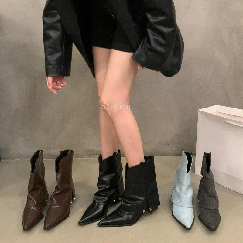 Spring Autumn Chunky Heel Pointed Toe Boots Short Boots Womens Shoes Brown Cowboy Boots Goth Shoes Ladies Shoes 241226