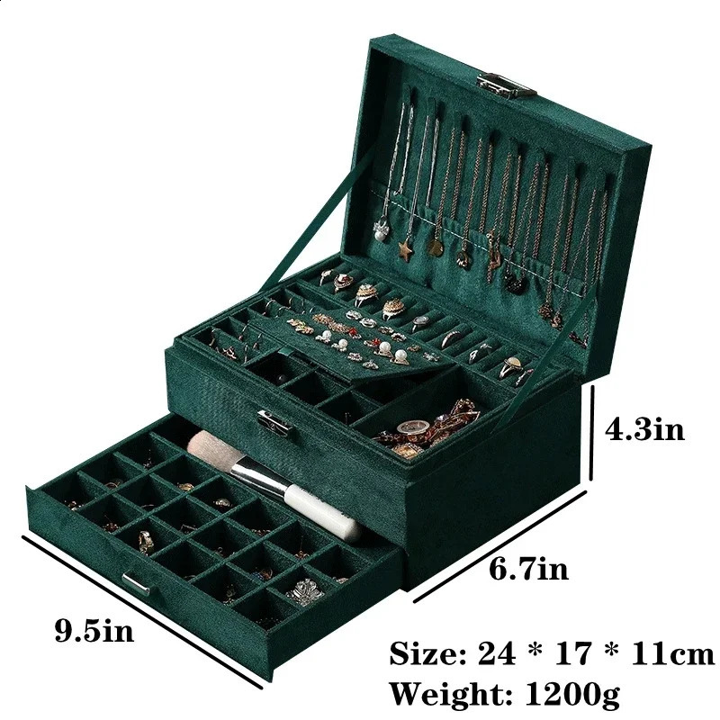 3-layer green velvet jewelry organizer large capacity ring necklace makeup stand with lock Females jewelry box 241226