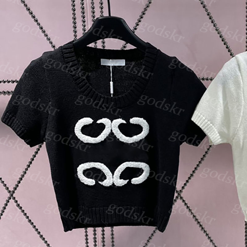 Jacquard Knitwear Women Classic Short Knit Shirt Sexy Big Crew Neck Sweater Spring Summer