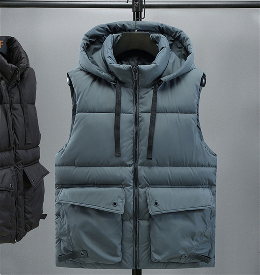 Green Men's Hooded Vest 2025 Winter Zipper Warm Stand Collar Waistcoat Men Cotton Padded Sleeveless Jackets With Big Pockets