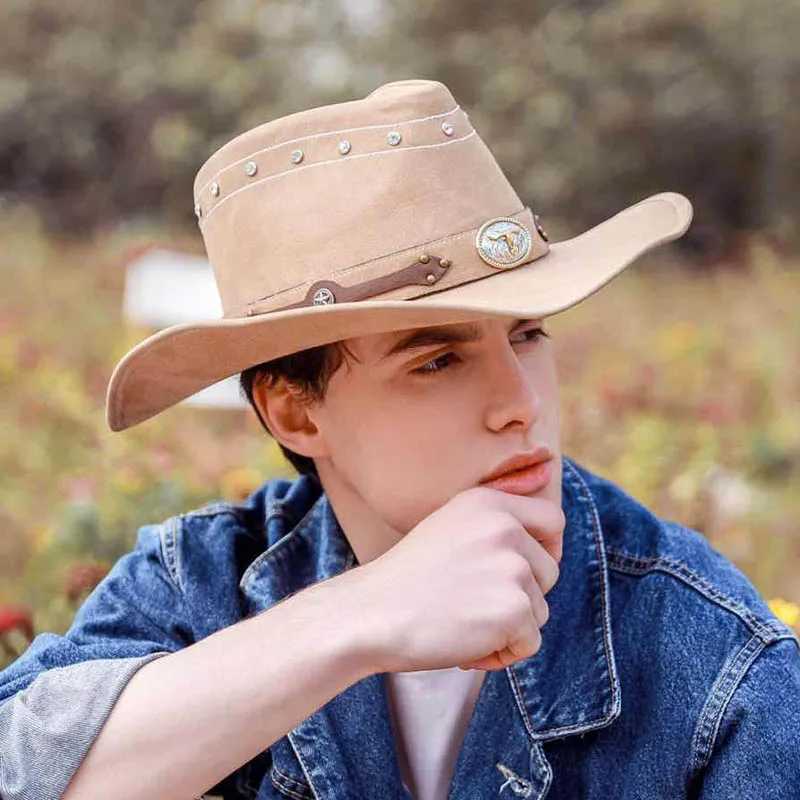 Classic Western Mens Cowboy Hat Womens Cowboy Girl C Artificial Leather Black Outdoor Casual Straw Hat Hombre with Windproof Rope W241225