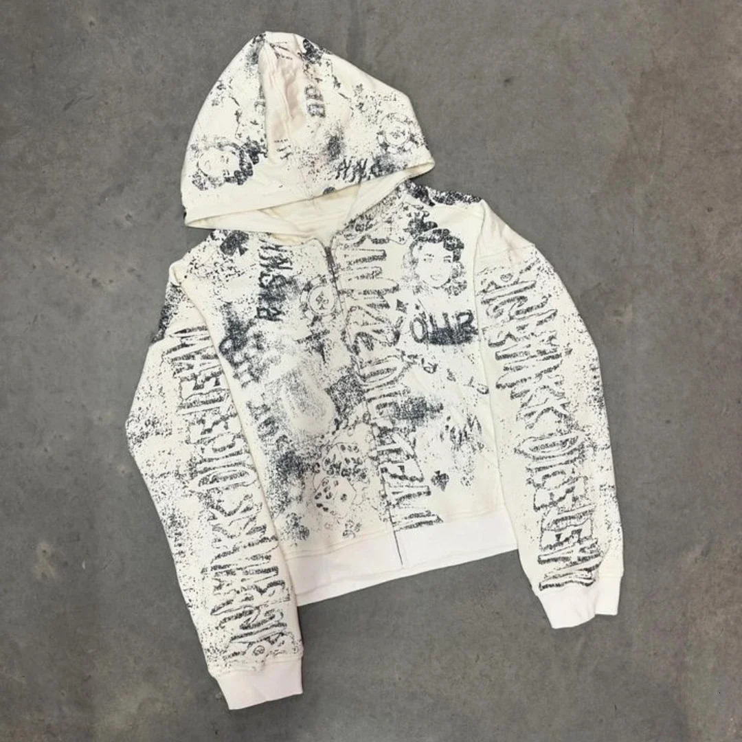 Y2K Hoodie Hip Hop Graffiti Pattern Printed Oversized White Hoodie Mens Street Clothing Harajuku Retro Pullover Sweatshirt 241225