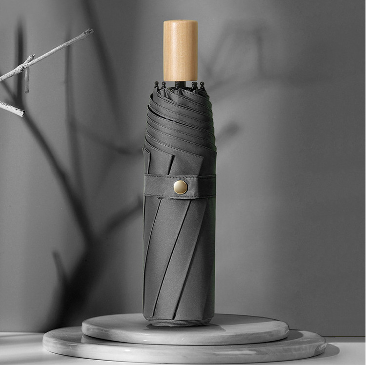 Adorable Triple-Fold Real Wood Handled Umbrella - Protective Against UV Rays with Customizable Advertiser's Mark