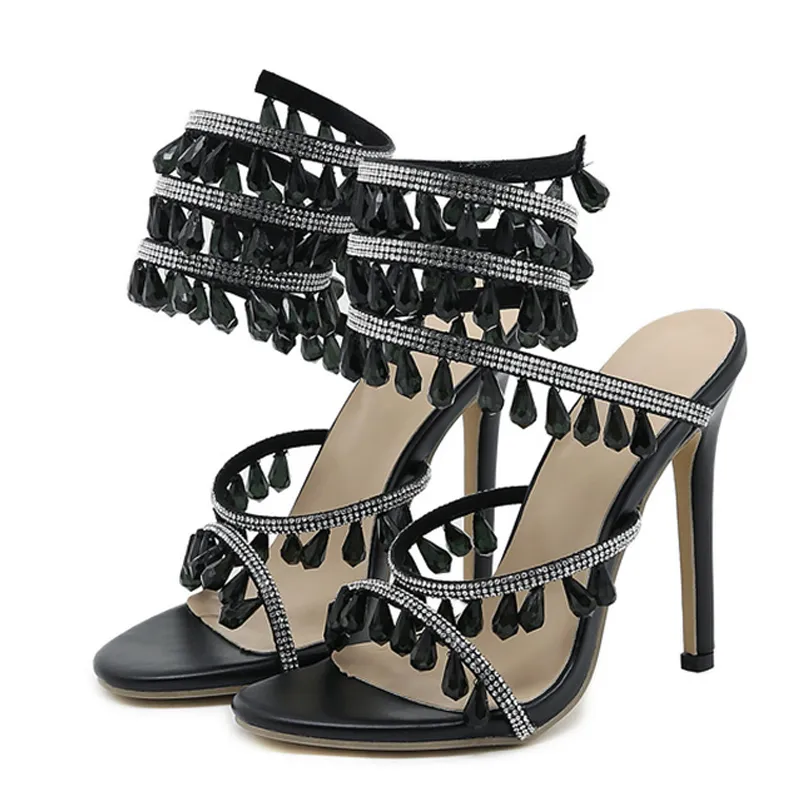New Design Crystal Gemstone Pendant Slip-On Ankle Strap Sandals Women Wedding Prom Shoes Sexy Open Toe Club Stripper Heels