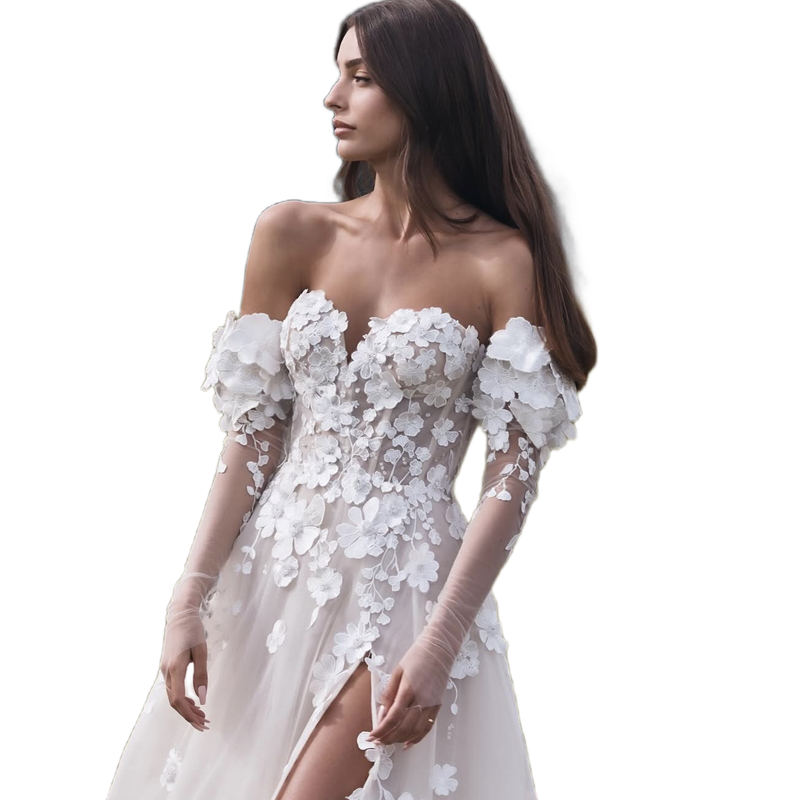 Embroidery Floral Lace Boho Wedding Dresses Side Split Long Sexy Beach Bridal Gowns Sweetheart Neckine Detachable Long Sleeves Ivory Country Vestido D