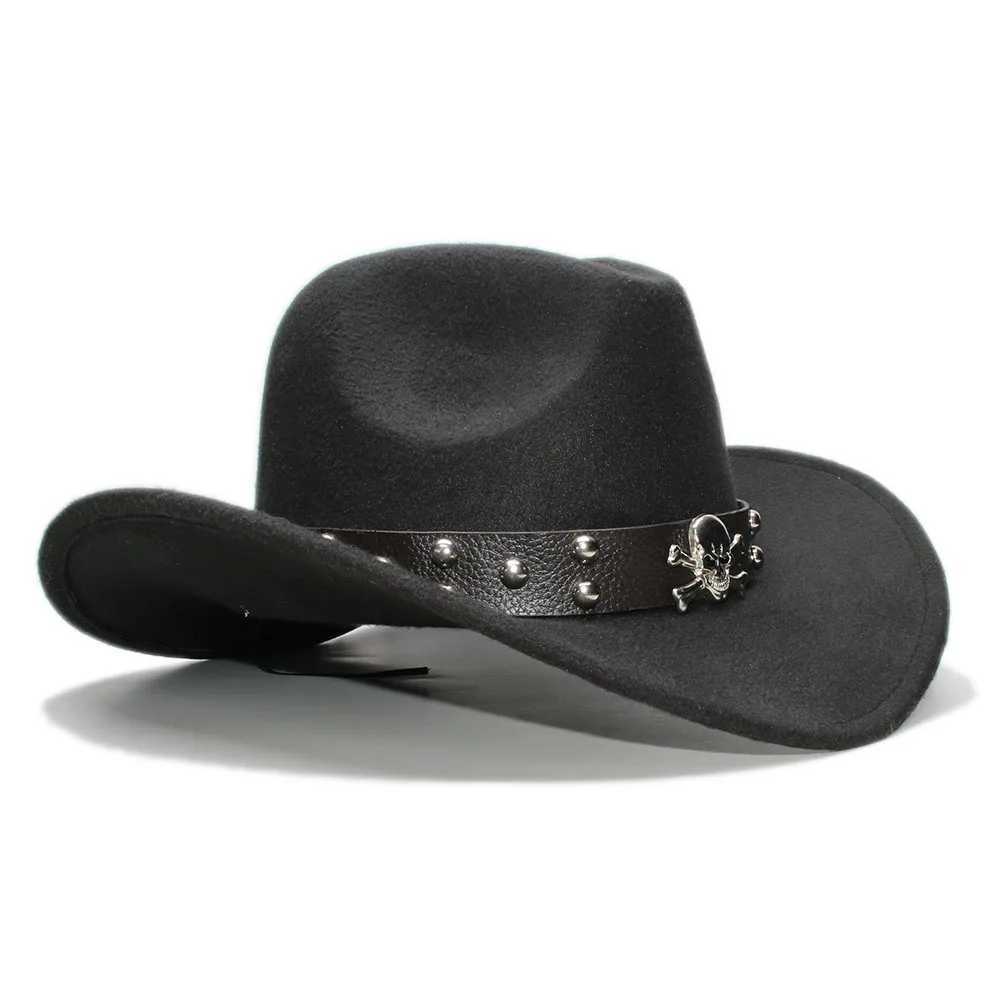 Retro Womens Wool Wide Brim Cowboy Western Cowboy Female Bowling Hat Fedora C Skull Leather Band (54/57/61CM) W241225