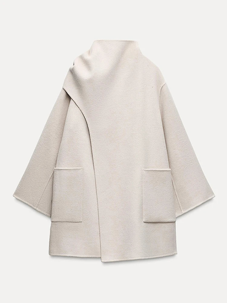 Scarf Neck Woolen Coat Turtleneck Overcoat Wool Blend Casual Simple Loose Shawl MidLength Womens Cashmere Outwear Winter 241225