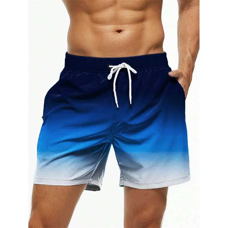 Gradient colored block graphic beach shorts mens colored 3D printed board shorts casual breathable shorts loose swimming trunks W241226