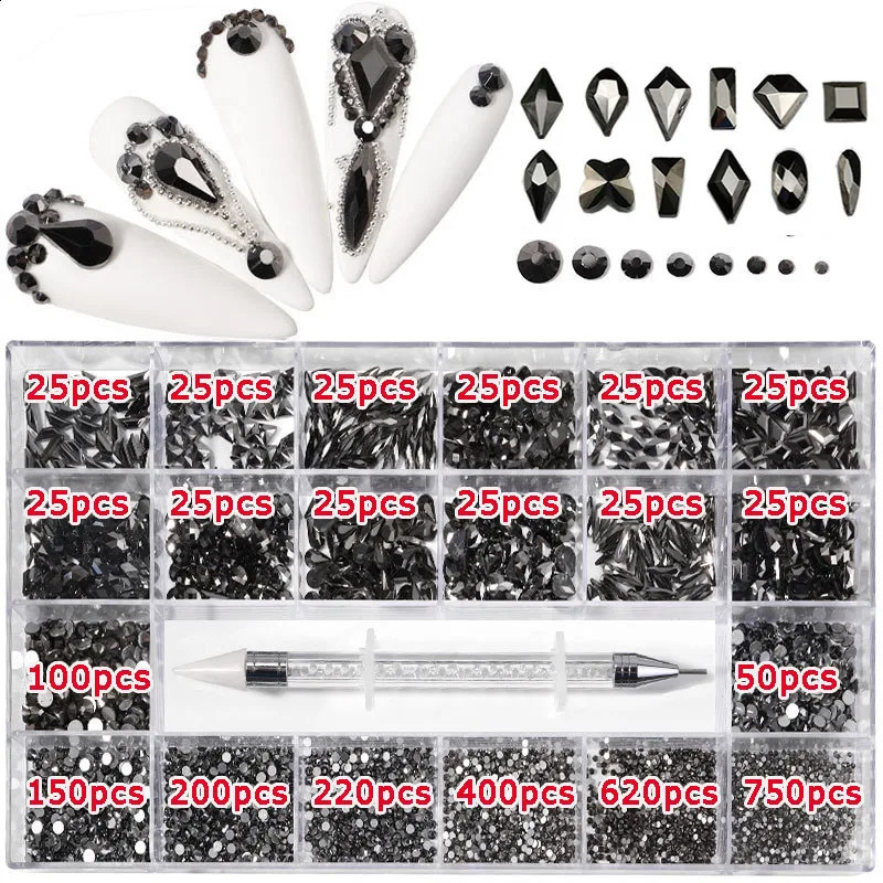 Mine Black Fancy Crystal Nail Rhinestones Nail Parts Gems Stones 3D Flatback Shaped Diamonds Glass Nail Art Decorations 241226