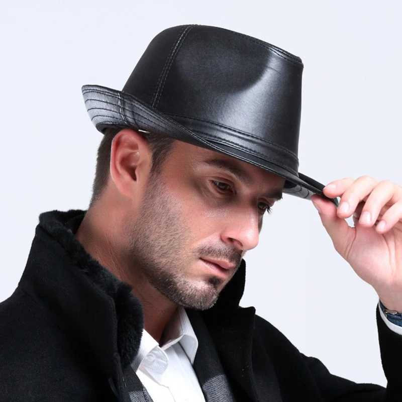 Western style denim hat sheepskin genuine leather mens C fashion winter retro gentlemans jazz hat flat top hat W241225