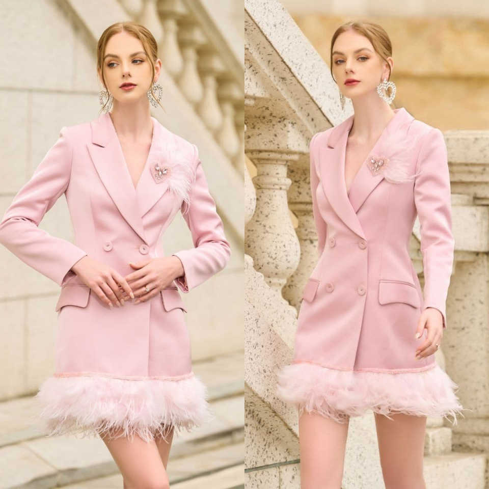 Unique Ostrich Feather Women Blazer Slim Fit Pink Prom Birthday Party Formal Wear Custom Made Outfit Jacket 1 Pieces