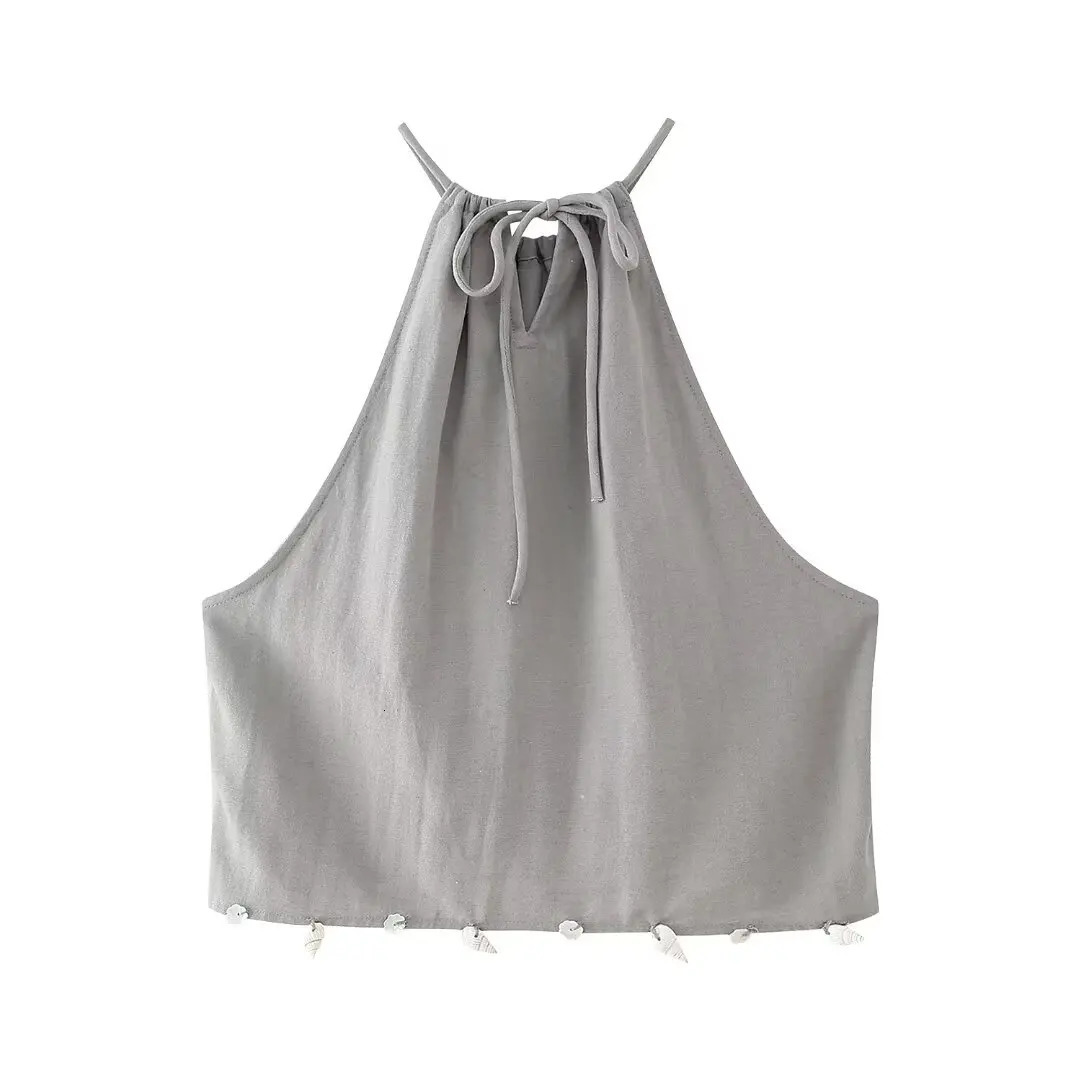 DUOPERI Women 2 Pieces Sets Shell Ornament Tops Camisole and High Elastic Waist Trousers Chic Lady Casual Pant Coordinates 241220