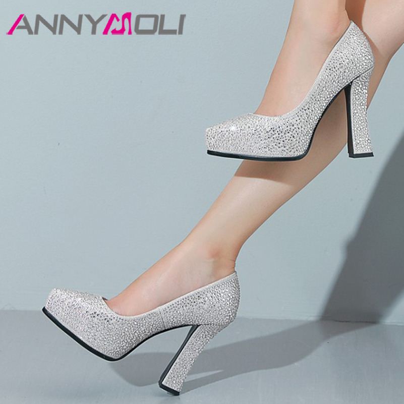 ANNYMOLI Women Platform Thick High Heels Pointed Toe Crystal Party Wedding Pumps Spring Sexy Shoes Black Sier 33-40