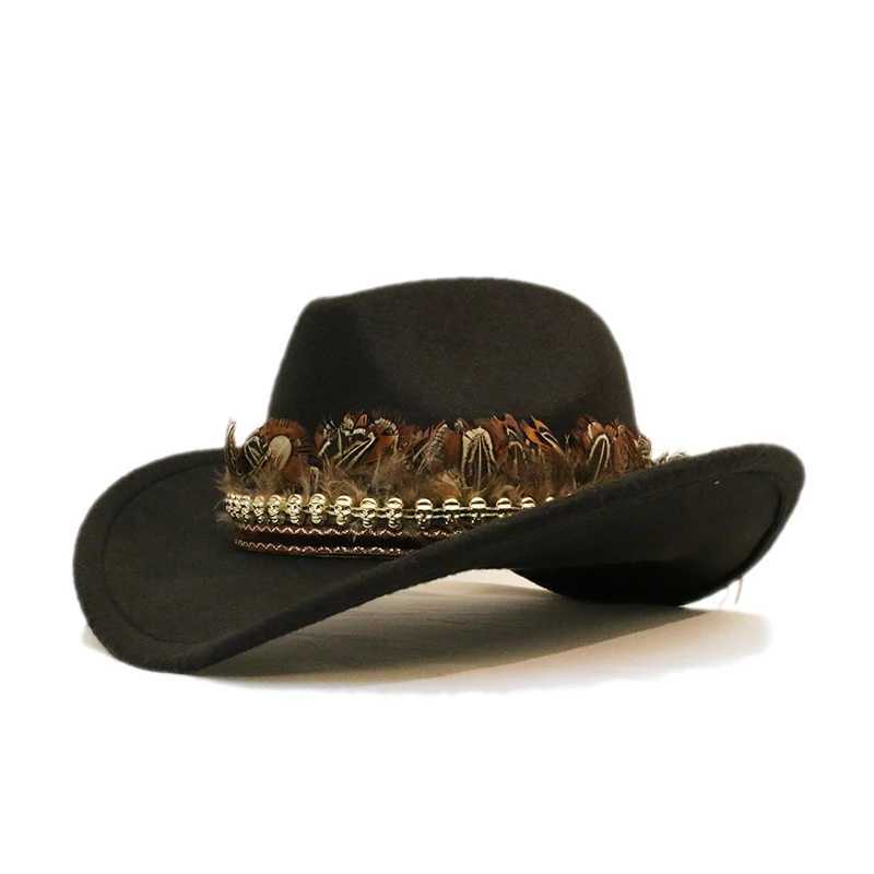 Retro Feather Skull Belt Unisex Womens Mens/Childrens Wool Wide Brim Sun Cowboy Western Cowboy Hat C 54-57-61cm W241225