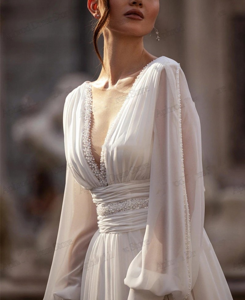 Arrival New Wedding Dresses Deep V Neck Long Puff Sleeves A E Chiffon Silt Bridal Bride Formal Gowns Vestidos De Noiva estidos