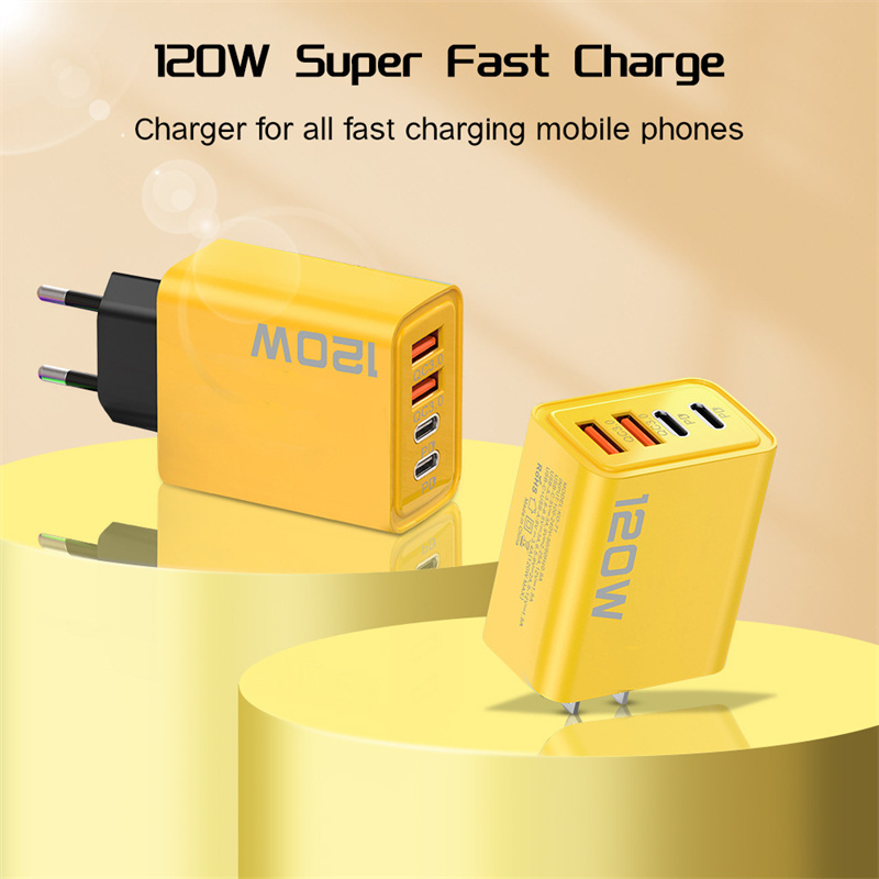 120W Fast Charging 4 Ports Mobile Phone Charger QC3.0 USB Type C Chargers Dual PD Wall Adapter EU/US/UK Plug for iPhone 15 Xiaomi Samsung