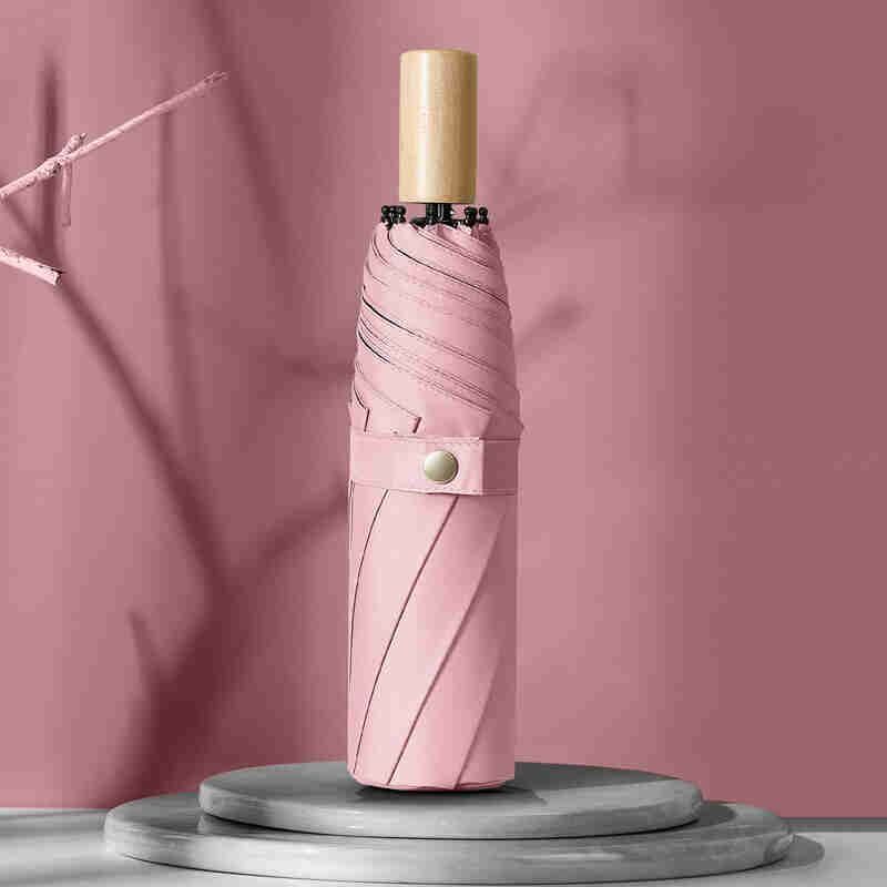 Adorable Triple-Fold Real Wood Handled Umbrella - Protective Against UV Rays with Customizable Advertiser's Mark