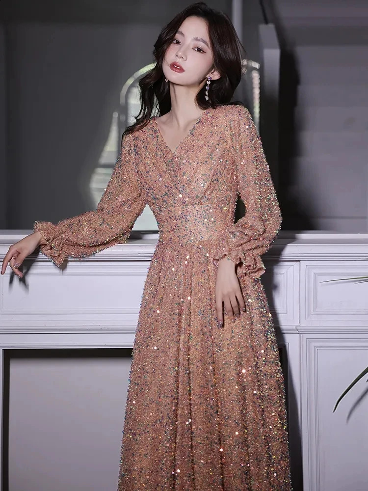 Customized Evening Dresses Elegant V-Neck A-Line Floor-Length Sparkly Sequin Women Formal Gowns For Engagement Part Dress 241223