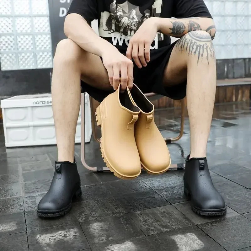 Mens Rain Boots Fashion Male Shoes Waterproof and Non-slip Ankle Cooking Low Short Chef Kitchen Teenagers Low-heel Pvc Outdoor 241226